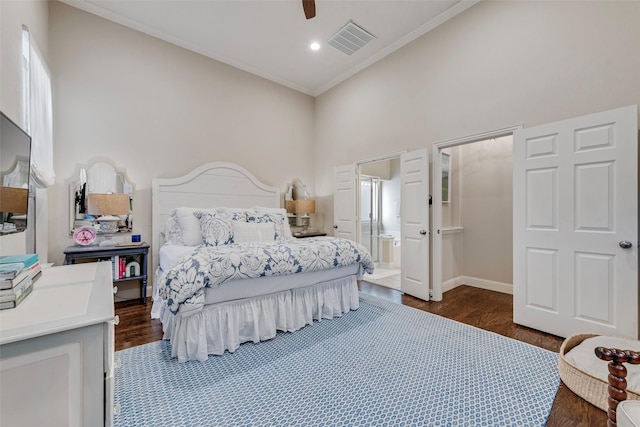 2307 Grizzly Run Ln, Euless, TX 76039 - bedroom with dark wood-style floors, crown molding, baseboards, a ceiling fan, and recessed lighting