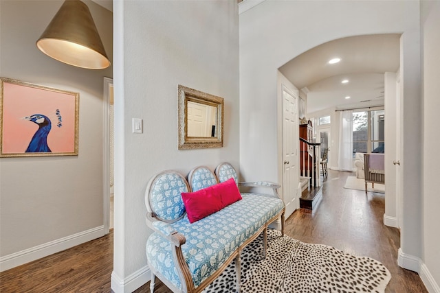 2307 Grizzly Run Ln, Euless, TX 76039 - hall featuring wood finished floors, recessed lighting, arched walkways, stairs, and baseboards