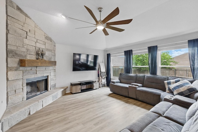 713 Bridle Trl, Saginaw, TX 76179 - living area featuring a ceiling fan, a fireplace, wood finished floors, and high vaulted ceiling