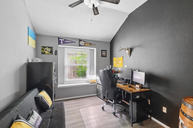 713 Bridle Trl, Saginaw, TX 76179 - home office featuring vaulted ceiling, a ceiling fan, wood finished floors, and baseboards