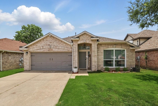 713 Bridle Trl, Saginaw, TX 76179 - view of front of property featuring driveway, a garage, a front lawn, roof with shingles, and brick siding