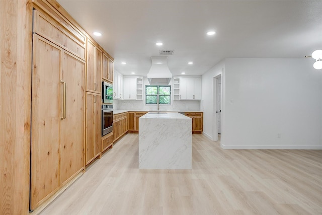 2317 Vega St, Grand Prairie, TX 75050 - kitchen featuring open shelves, stainless steel appliances, a center island, light wood finished floors, and recessed lighting