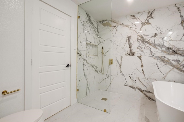 2317 Vega St, Grand Prairie, TX 75050 - full bath featuring a marble finish shower, a freestanding bath, and marble tiled flooring