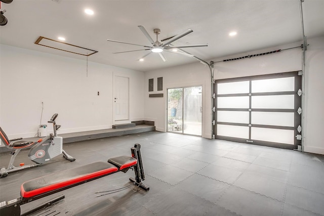 2317 Vega St, Grand Prairie, TX 75050 - workout area featuring a ceiling fan, attic access, and recessed lighting
