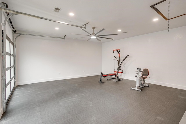 2317 Vega St, Grand Prairie, TX 75050 - workout area featuring recessed lighting, a garage, and ceiling fan