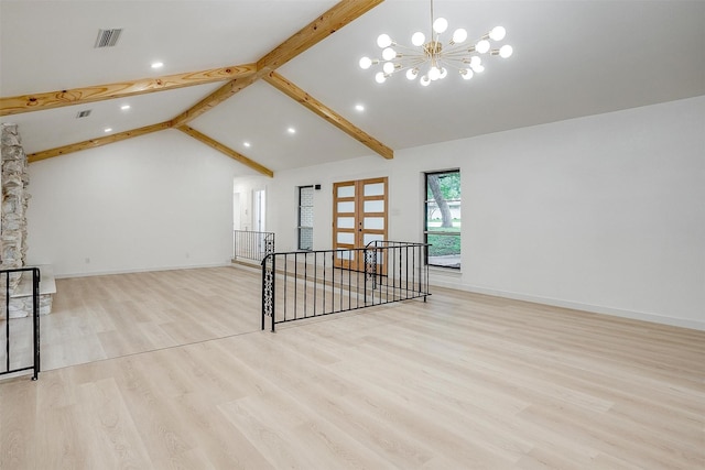 2317 Vega St, Grand Prairie, TX 75050 - unfurnished living room featuring beamed ceiling, wood finished floors, a chandelier, recessed lighting, and high vaulted ceiling
