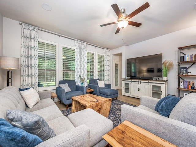 217 Fulton St, Oak Point, TX 75068 - living room featuring a ceiling fan and wood finished floors