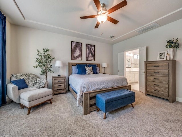 217 Fulton St, Oak Point, TX 75068 - bedroom featuring light colored carpet, ensuite bathroom, and a ceiling fan