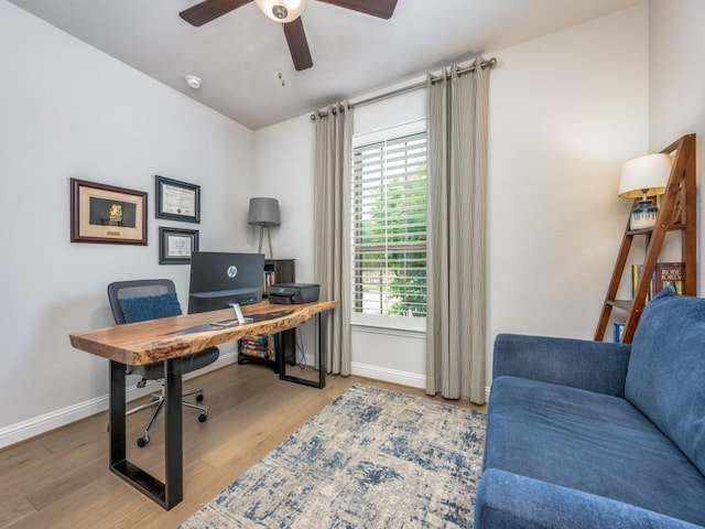 217 Fulton St, Oak Point, TX 75068 - office area with baseboards, ceiling fan, and wood finished floors