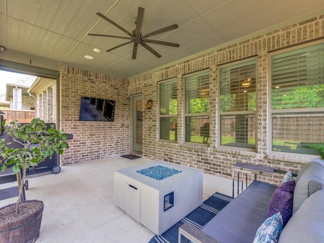 217 Fulton St, Oak Point, TX 75068 - view of patio with a ceiling fan and an outdoor living space with a fire pit