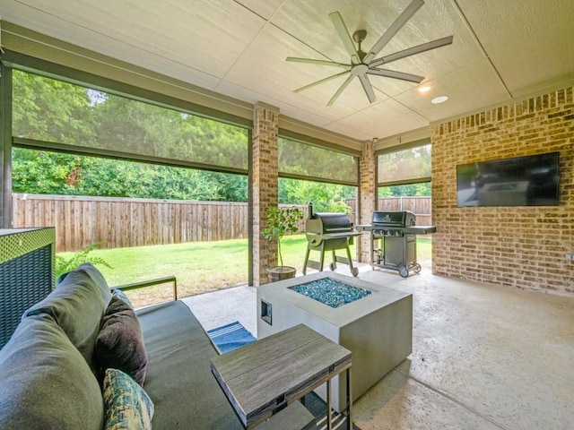 217 Fulton St, Oak Point, TX 75068 - view of patio / terrace featuring a fire pit, ceiling fan, and grilling area