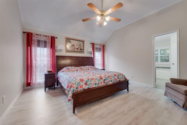 6729 Lucas Ln, North Richland Hills, TX 76182 - bedroom featuring ornamental molding, light wood finished floors, lofted ceiling, baseboards, and ensuite bathroom