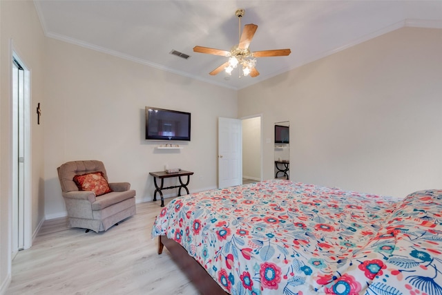 6729 Lucas Ln, North Richland Hills, TX 76182 - bedroom with light wood finished floors, crown molding, baseboards, and ceiling fan