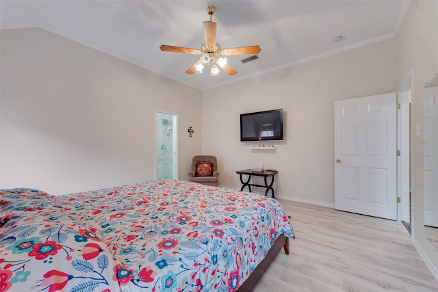 6729 Lucas Ln, North Richland Hills, TX 76182 - bedroom with light wood-type flooring, ornamental molding, baseboards, and a ceiling fan