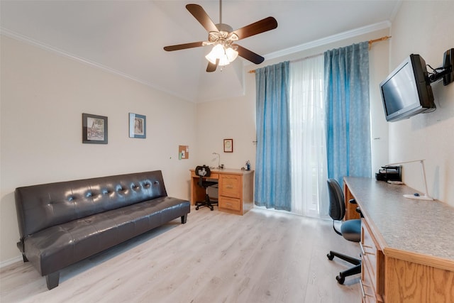 6729 Lucas Ln, North Richland Hills, TX 76182 - office space featuring a ceiling fan, healthy amount of natural light, light wood-style flooring, ornamental molding, and vaulted ceiling