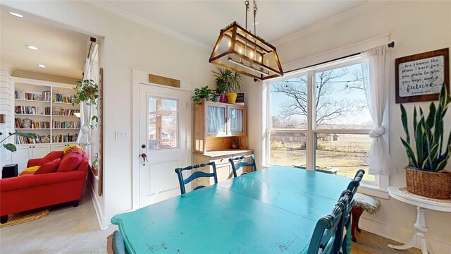 18358 Timber Oaks Dr, Lindale, TX 75771 - dining area featuring ornamental molding, healthy amount of natural light, baseboards, and recessed lighting