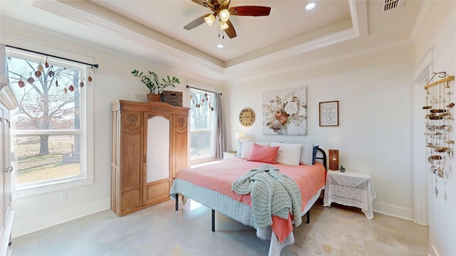 18358 Timber Oaks Dr, Lindale, TX 75771 - bedroom with baseboards, a tray ceiling, recessed lighting, ornamental molding, and ceiling fan