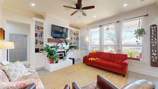 18358 Timber Oaks Dr, Lindale, TX 75771 - living room featuring a ceiling fan, concrete floors, crown molding, recessed lighting, and baseboards