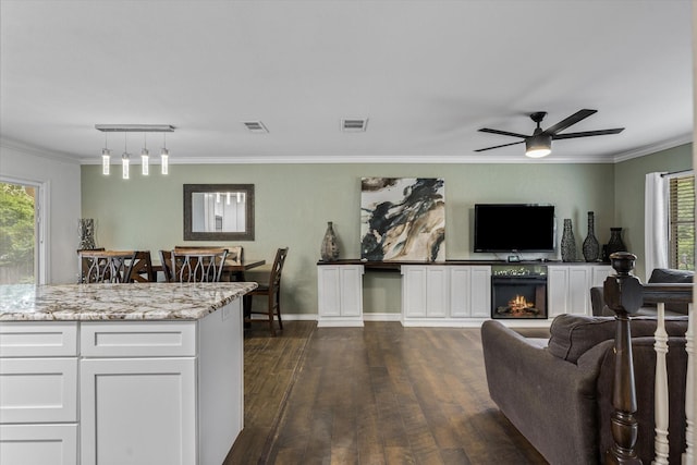 living area featuring dark wood finished floors, ceiling fan, rail lighting, crown molding, and baseboards
