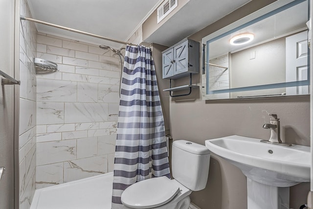 bathroom featuring toilet, a stall shower, and a sink