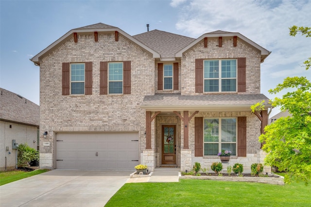 1408 Arrowwood Dr, Aubrey, TX 76227 - view of front of property with a garage, a front lawn, concrete driveway, a shingled roof, and brick siding