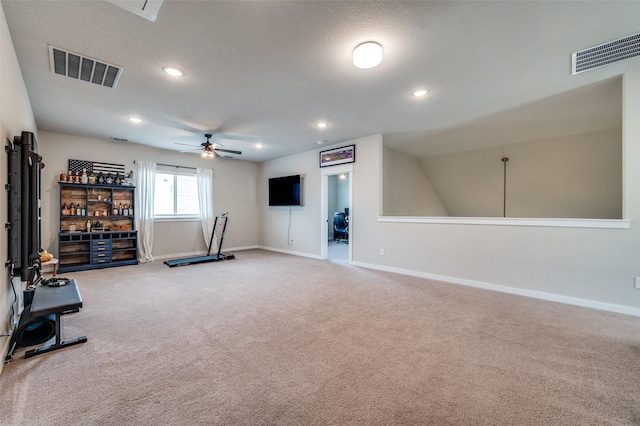 1408 Arrowwood Dr, Aubrey, TX 76227 - exercise area with ceiling fan, light carpet, baseboards, and recessed lighting