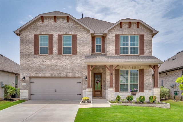 1408 Arrowwood Dr, Aubrey, TX 76227 - view of front of house featuring driveway, a garage, a front lawn, and a shingled roof
