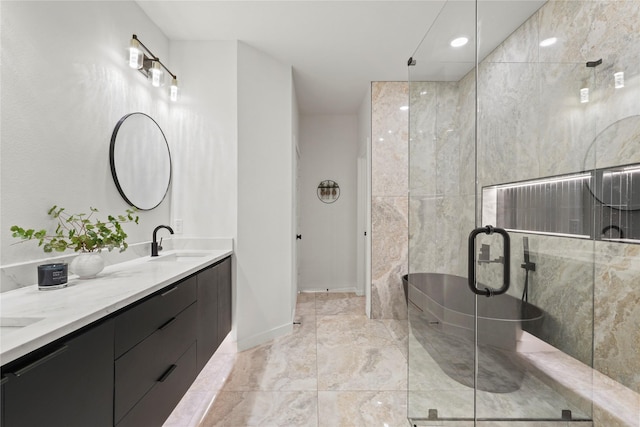 2508 Kool Ave, Dallas, TX 75241 - full bathroom with marble finish floors, a stall shower, double vanity, and baseboards