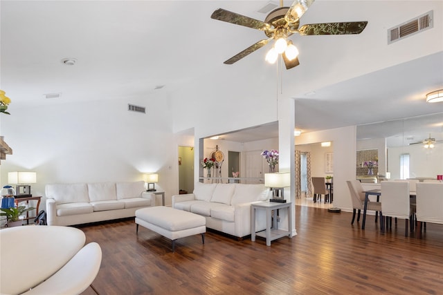 4701 Yellowleaf Dr, Fort Worth, TX 76133 - living room featuring a ceiling fan, wood finished floors, and high vaulted ceiling
