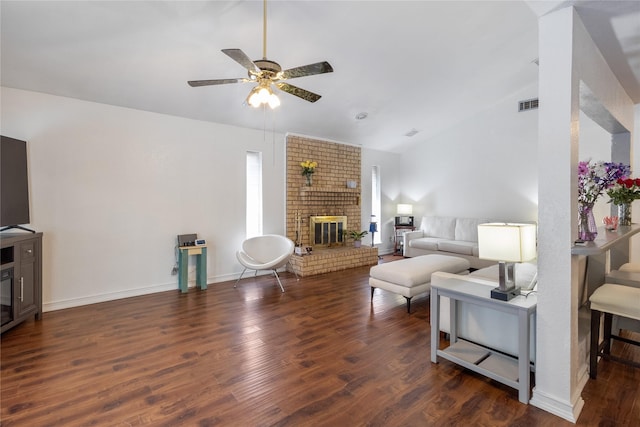 4701 Yellowleaf Dr, Fort Worth, TX 76133 - living room featuring wood finished floors, a fireplace, a ceiling fan, and high vaulted ceiling