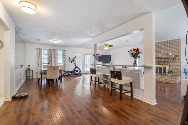 4701 Yellowleaf Dr, Fort Worth, TX 76133 - kitchen with wood finished floors, a fireplace, baseboards, ceiling fan, and french doors