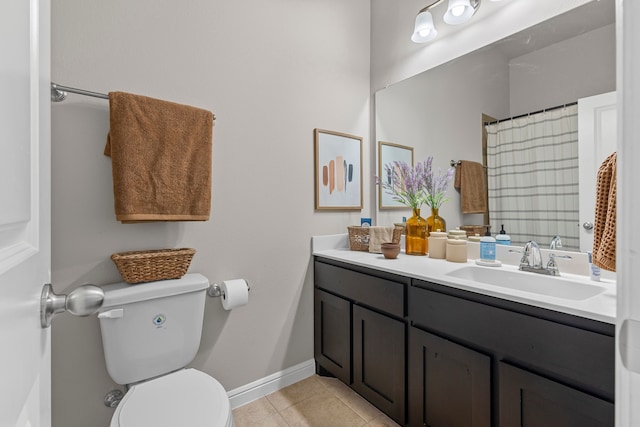 125 Singleton Dr, Royse City, TX 75189 - bathroom with tile patterned flooring, toilet, vanity, baseboards, and a shower with curtain