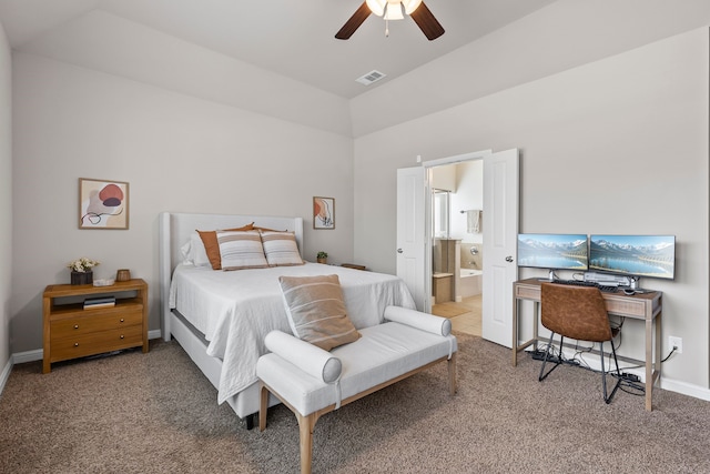 125 Singleton Dr, Royse City, TX 75189 - carpeted bedroom featuring high vaulted ceiling, baseboards, ensuite bathroom, and ceiling fan