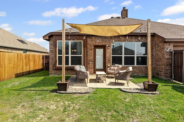 125 Singleton Dr, Royse City, TX 75189 - back of house with brick siding, outdoor lounge area, a chimney, roof with shingles, and a patio area