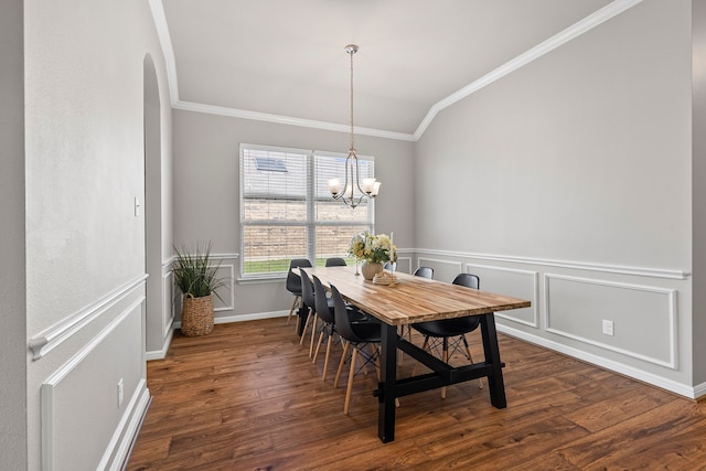125 Singleton Dr, Royse City, TX 75189 - dining room with ornamental molding, dark wood-type flooring, arched walkways, a chandelier, and lofted ceiling