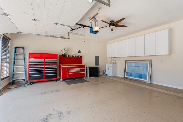 836 Stafford Station Dr, Saginaw, TX 76131 - garage featuring a garage door opener, electric panel, a ceiling fan, and baseboards