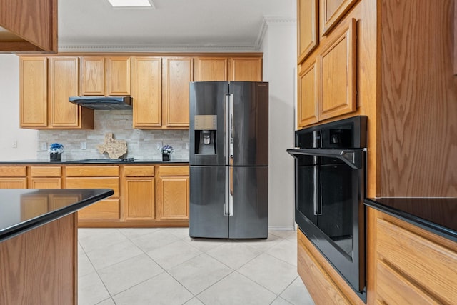 836 Stafford Station Dr, Saginaw, TX 76131 - kitchen with black appliances, under cabinet range hood, crown molding, dark countertops, and backsplash