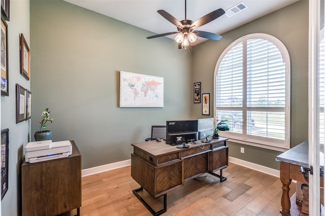 1305 Limestone Ridge Rd, Mansfield, TX 76063 - office featuring light wood-style flooring, a ceiling fan, and baseboards