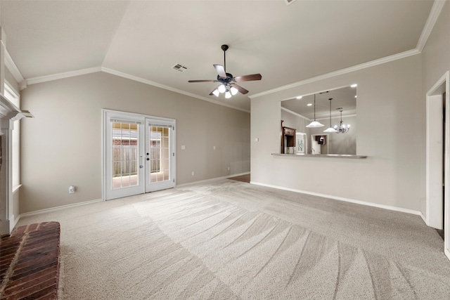 10121 Salem Way, Waco, TX 76708 - unfurnished living room featuring crown molding, carpet floors, baseboards, ceiling fan, and french doors