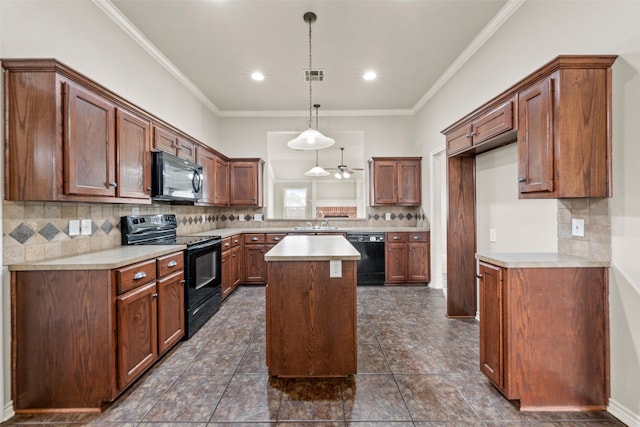 10121 Salem Way, Waco, TX 76708 - kitchen with black appliances, a center island, backsplash, a sink, and light countertops