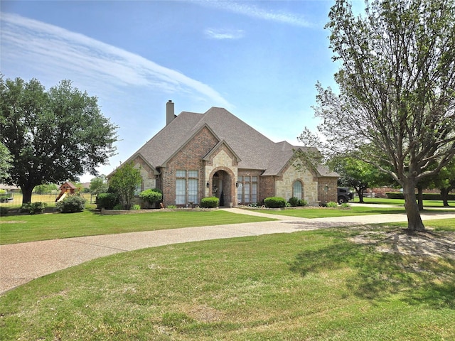 1008 Chalk Hill Ln, Haslet, TX 76052 - french provincial home featuring stone siding, a chimney, and a front yard