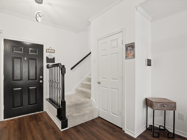 2500 Peargrove Cir, Arlington, TX 76006 - foyer with crown molding, dark wood finished floors, stairway, and baseboards