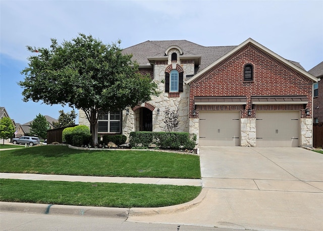 7428 E Fork Ln, Mckinney, TX 75071 - french provincial home with stone siding, driveway, a front lawn, a shingled roof, and brick siding