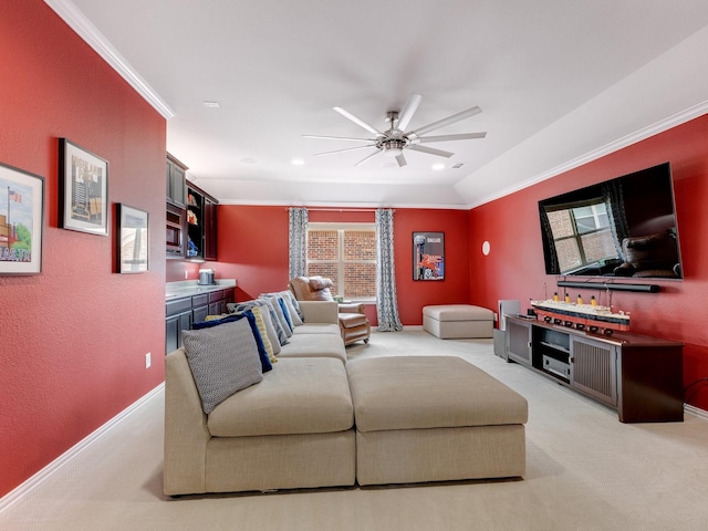 7428 E Fork Ln, Mckinney, TX 75071 - living room with light colored carpet, ceiling fan, ornamental molding, and baseboards
