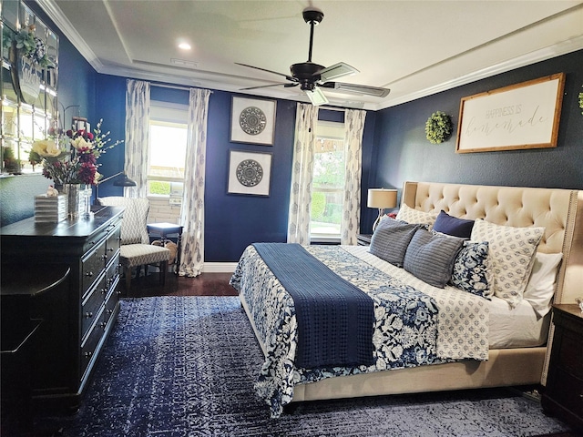 7428 E Fork Ln, Mckinney, TX 75071 - bedroom with ornamental molding, wood finished floors, multiple windows, baseboards, and ceiling fan
