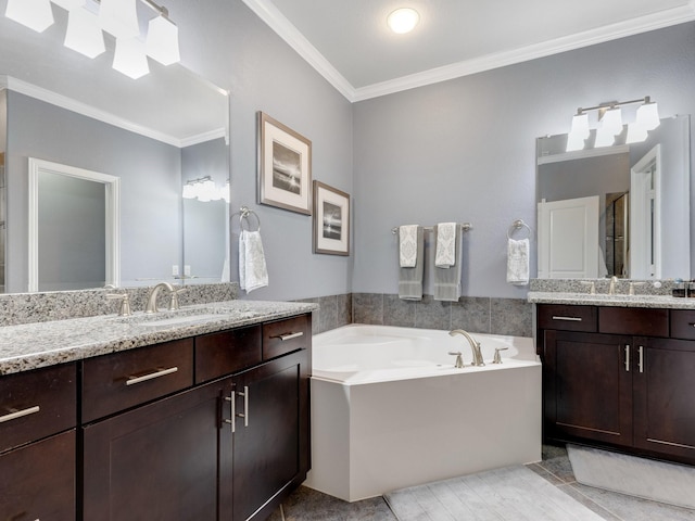7428 E Fork Ln, Mckinney, TX 75071 - full bath with crown molding, a garden tub, two vanities, and a stall shower