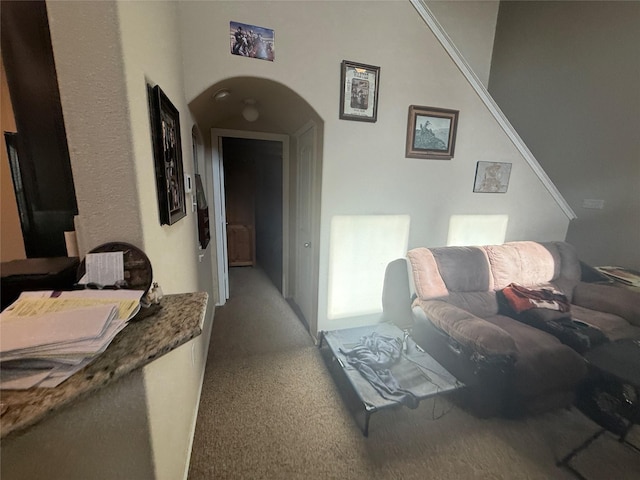 living area with carpet flooring and arched walkways