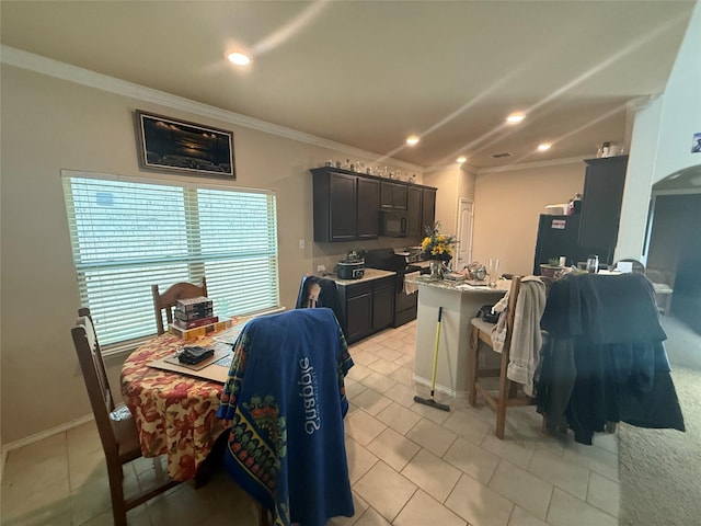 kitchen with crown molding, refrigerator, electric stove, recessed lighting, and light countertops
