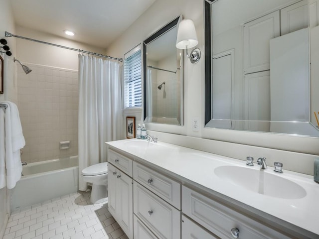 5417 Northcrest Rd, Fort Worth, TX 76107 - full bathroom with toilet, double vanity, shower / tub combo with curtain, and tile patterned floors