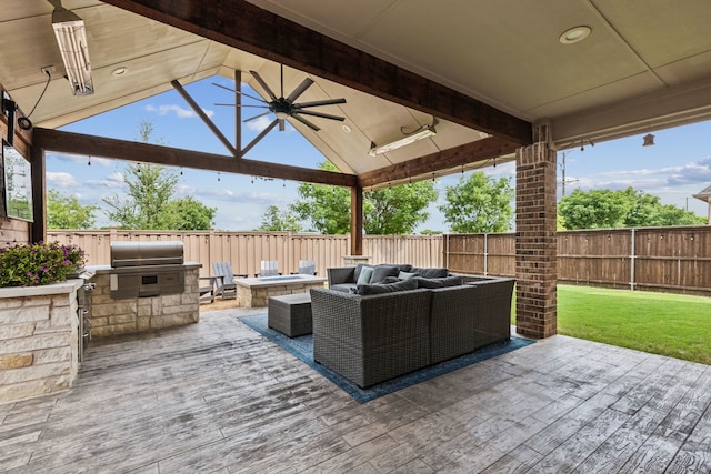 4138 Sanders Dr, Celina, TX 75009 - fenced backyard with a gazebo, an outdoor living space with a fire pit, a ceiling fan, and a wooden deck